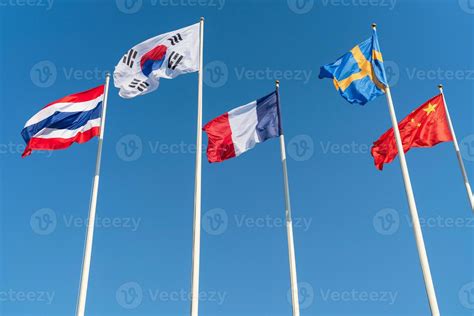 The national flags of five nations, Thailand, South Korea, France ...