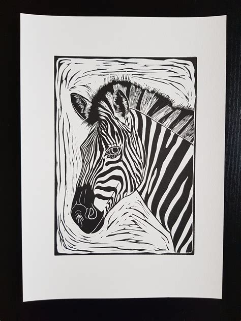 Linocut Print Zebra Animals Wall Art Stripy Relief Print Monochrome Art