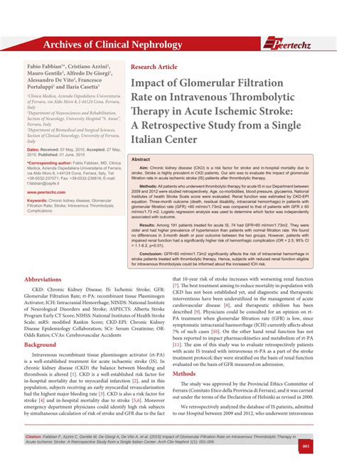 Pdf Impact Of Glomerular Filtration Rate On Intravenous Thrombolytic