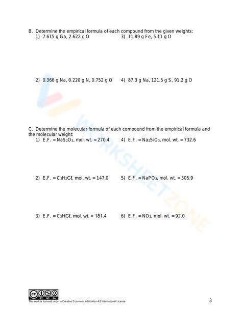 Free Empirical Molecular Formula Practice Worksheets