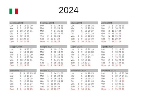 Calendario anno 2024 in italiano con festività italia Vettore Premium