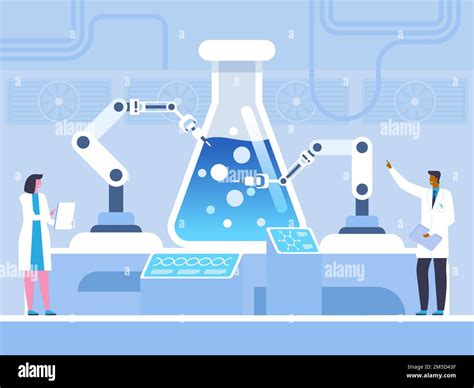 Biochemical experiment flat vector illustration. Doctors, chemists in ...