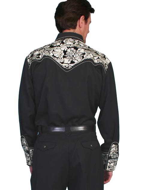 Pungo Ridge Scully Men S Shirt W Floral Tooled Embroidery Black