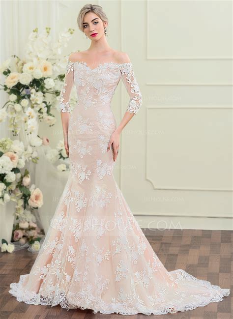 Trumpet Mermaid Off The Shoulder Court Train Lace Wedding Dress