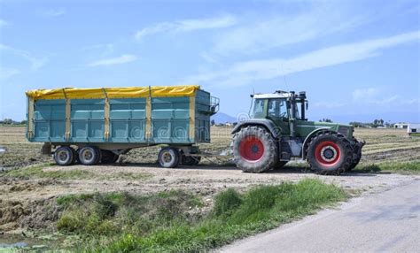 Farm Tractor With Trailer In The Field Stock Photo Image Of Machinery