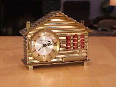 Vintage Remembrance Days Music Box Alarm Clock Brass Log Cabin Non