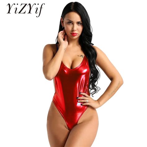 Yizyif Women Sexy Thong Leotard Shiny Metallic Bodysuit Lingerie One