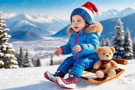 Premium Photo Hild With Toy Teddy Bear Sits On A Sled And Looks At