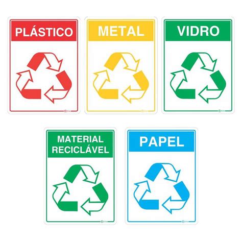 Kit 5 Placas de Sinalização Indicativa Lixo Reciclavél Conjunto Vinil