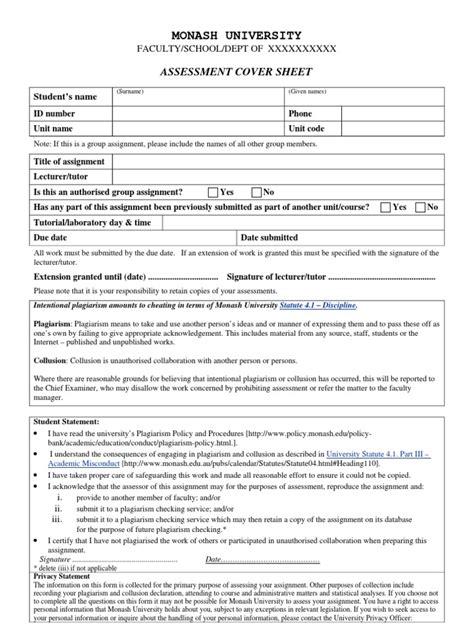 Monash University Assessment Cover Sheet Plagiarism Academic Dishonesty