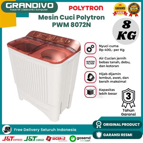 Jual Mesin Cuci Polytron 8KG 2 Tabung PWM 8072 Low Watt Water Selector