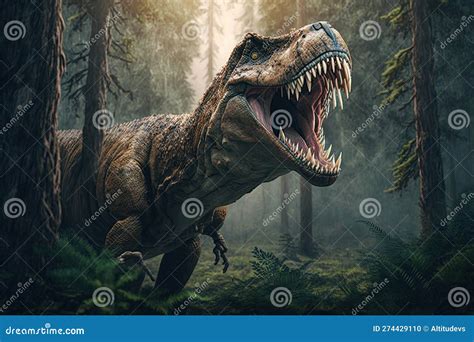 Tyrannosaurus Rex Roaring In The Forest Its Powerful Jaws Open Stock