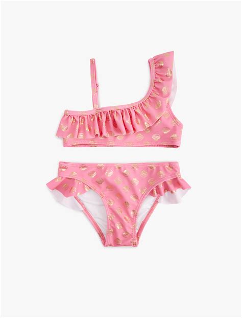 Pembe Kız Çocuk Fırfırlı Parlak Baskılı Tek Omuz İnce Askılı Bikini