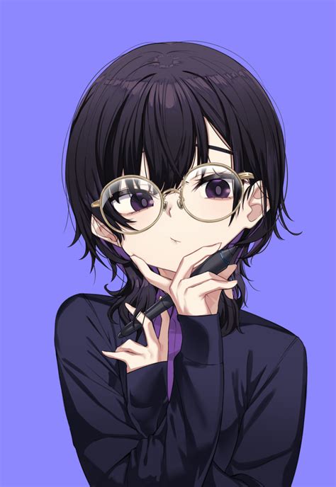 Safebooru 1girl Absurdres Black Hair Black Jacket Blue Background Brown Framed Eyewear Closed