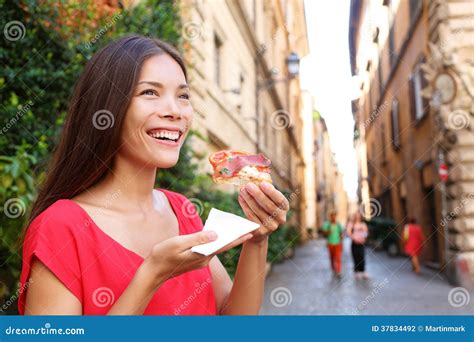 Pizza Woman Eating Pizza Slice in Rome, Italy Stock Photo - Image of ...