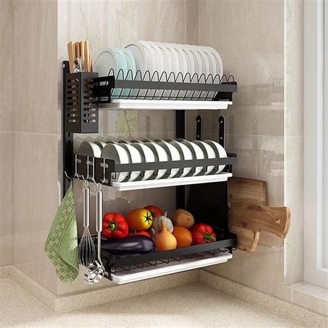 WALL MOUNT HEAVY DISH RACK, 3 LAYER KITCHEN DISH RACK WITH SPOON, KNIFE AND CUTTING BOARD HOLDER ...