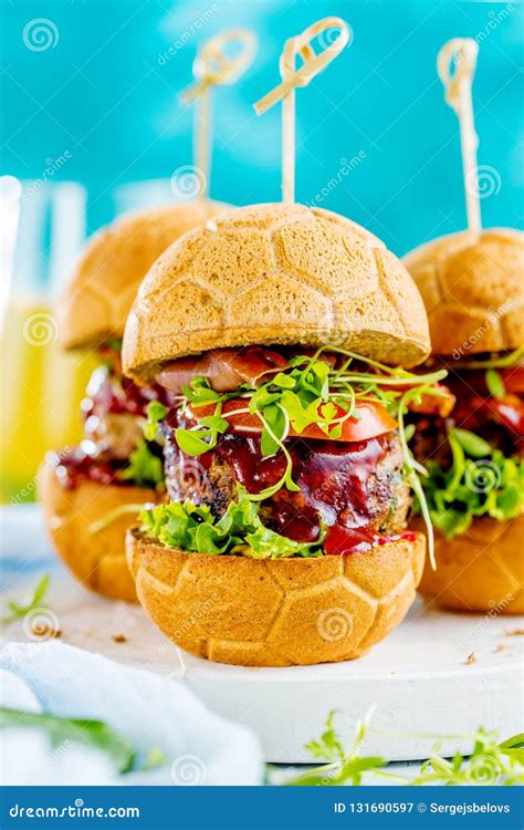 Fresh Delicious Burgers In Form Of Football Soccer Stock Image Image