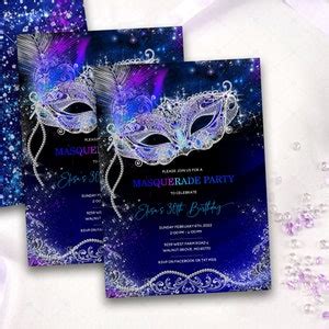 Editable Themes for Masquerade Party Template, Birthday Blue and Black Masquerade Party ...