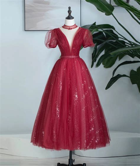 Burgundy Tulle Sequins Tea Length Prom Dress A Line Party Dress