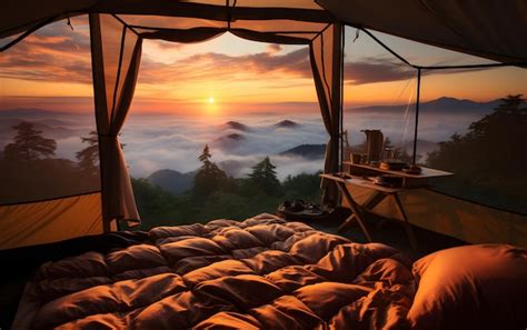 Premium AI Image | View of the serene landscape from inside a tent ...