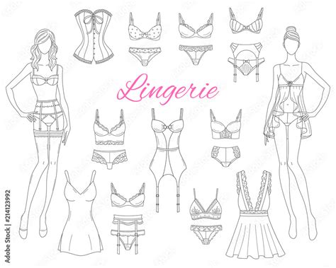 Female Lingerie Collection With Beautiful Fashion Models Vector Sketch Illustration Stock