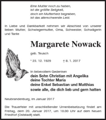 Traueranzeigen Von Margarete Nowack Trauer Nordkurier