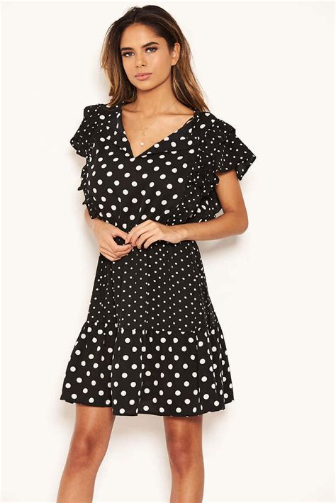 Black Mixed Polka Dot Frill Skater Dress Ax Paris