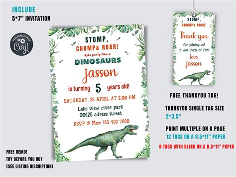 Editable Dinosaur Birthday Invitation Template, Dinosaur Party ...