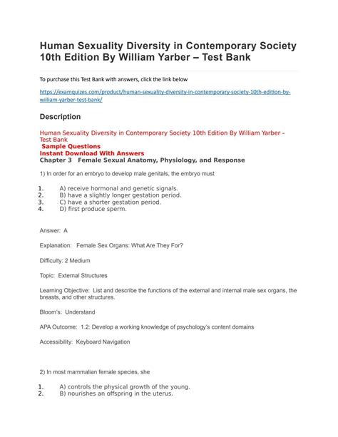 Human Sexuality Diversity In Contemporary Society 10th Edition By William Yarber Test Bank By