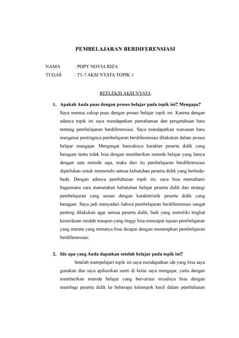 Aksi Nyata Topik 1 Pembelajaran Berdiferensiasi Pembelajaran