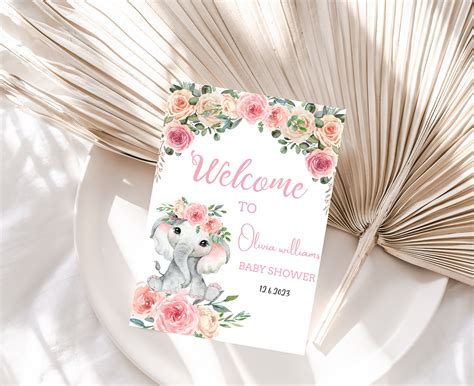 Editable Elephant Baby Shower Welcome Sign Pink Floral Elephant