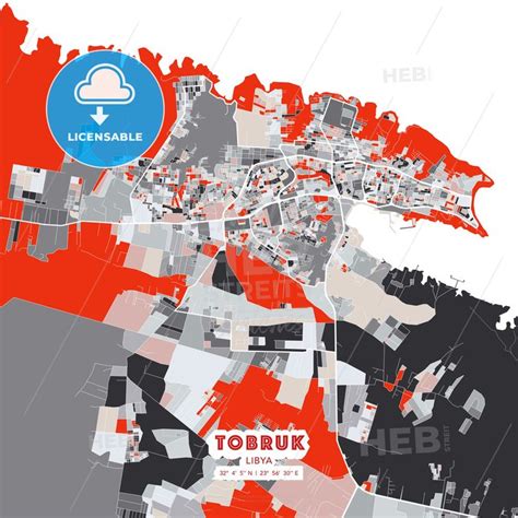 a map of the city of tobruk in red and grey with a blue circle above it