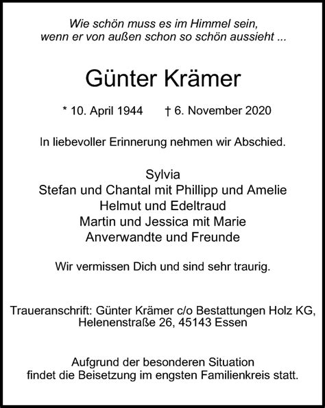 Traueranzeigen von Günter Krämer Trauer in NRW de