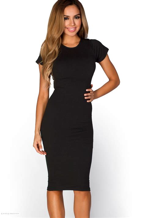 T Shirt Style Bodycon Black Midi Dress With Sleeves Moda Feminina