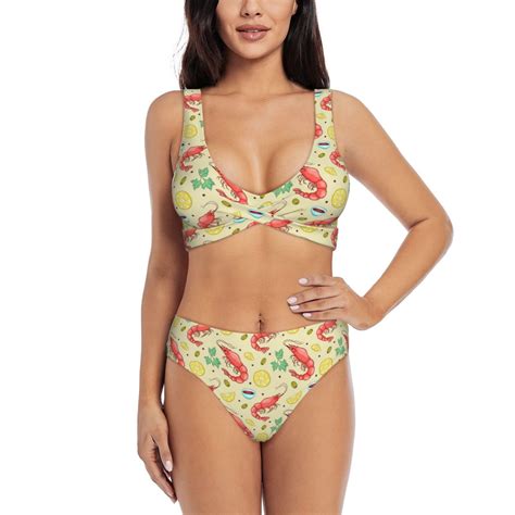 Bathing Suit For Women Shrimp Lemons Yellow High Waisted Bikini Set Bathing Suit Cross Lace Up