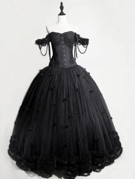 Romantic Black Gothic Flower Off The Shoulder Corset Prom Ball Gown