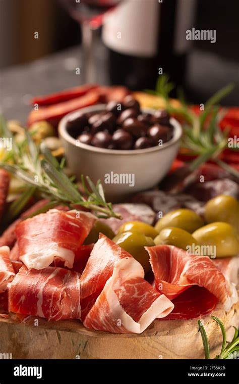 Charcuterie Board With Spanish Jamon Pork Sausage With Pepper Fuet