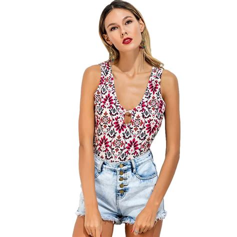 Summer 2017 New Women Bodysuits Boho Floral Print Sleeveless Bodysuit