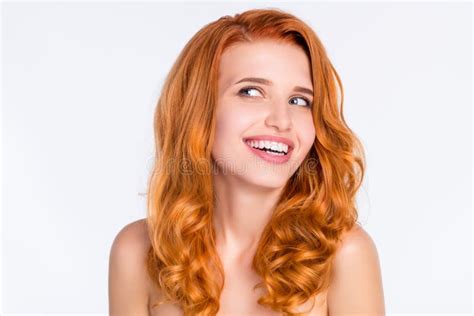 Photo Portrait Of Pretty Girl With Wavy Ginger Hair Smiling With Naked Shoulders Looking Empty