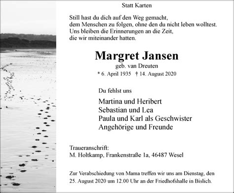 Traueranzeigen Von Margret Jansen Trauer In Nrw De