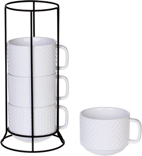 Juego de 4 tazas de café apilables de porcelana con soporte de metal 13