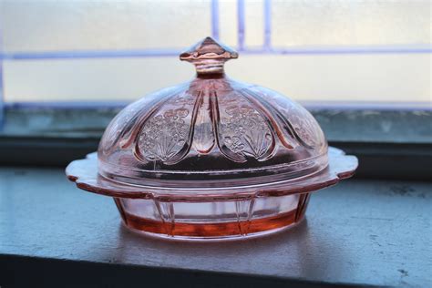 Pink Depression Glass Round Butter Dish Cherry Blossom