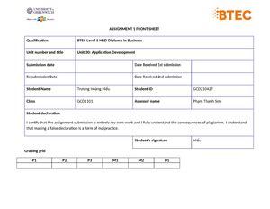 Unit Assignment Frontsheet Assignment Front Sheet