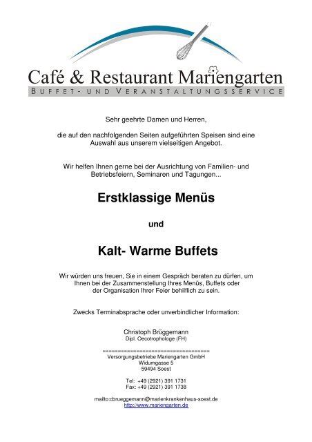 Erstklassige Menüs Kalt Warme Buffets Marienkrankenhaus Soest