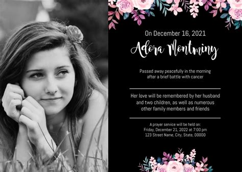 Black Floral In Loving Memory Obituary Card Template Postermywall