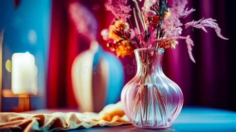 Vase Filled With Flowers Sitting On Top Of Blue Table Cloth Next To