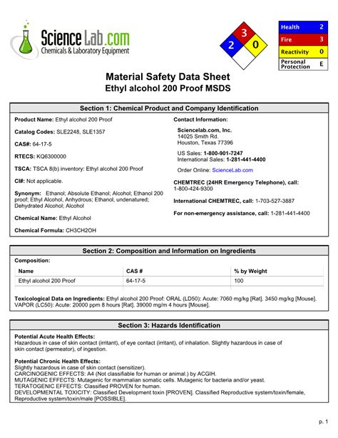 Material Safety Data Sheet Ethyl Alcohol Proof Msds Docslib