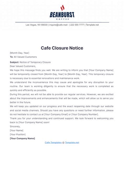 Free Cafe Closure Notice Template to Edit Online