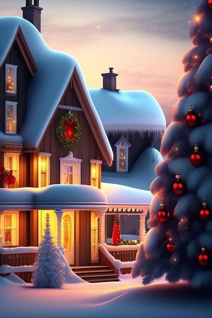 Premium AI Image | Painting of a house in the snow with a christmas tree generative ai