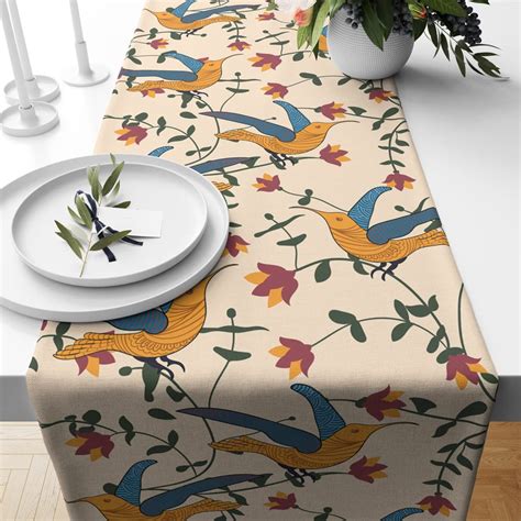 Astitva Cotton Table Runner For 6 8 Seater Earthy Song Bird Printed